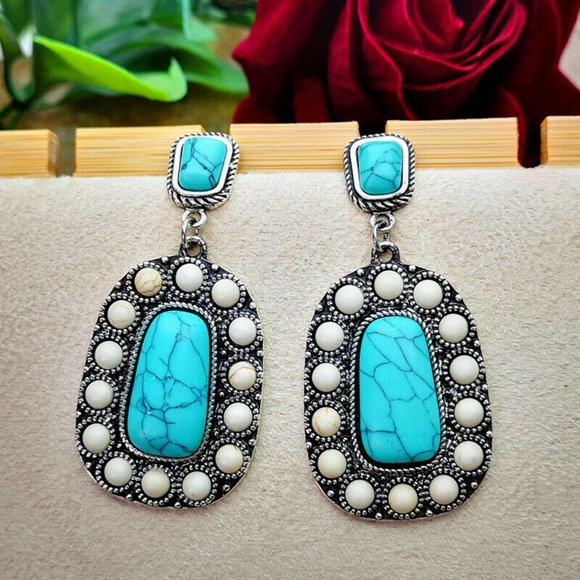 Turkish Natural Silver Turquoise Earrings - Picture 3 of 3